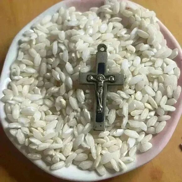 Antique French pectoral cross silver tone inlaid with wood over 100 years old - Picture 5 of 10